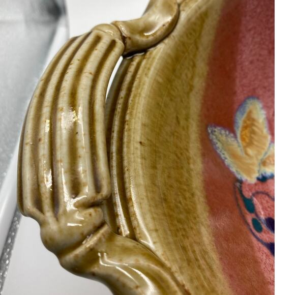 Handmade Pottery handled dish pour spout round red floral Signed Art pottery - Picture 4 of 8